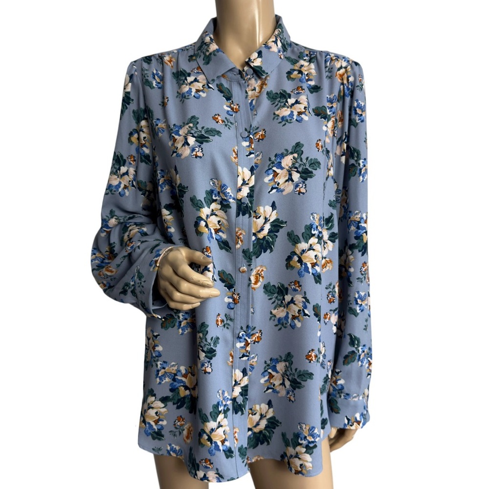 LC Lauren Conrad Collared Button-Front Shirt in Blue Blooming Plus Size 1X - Picture 11 of 11